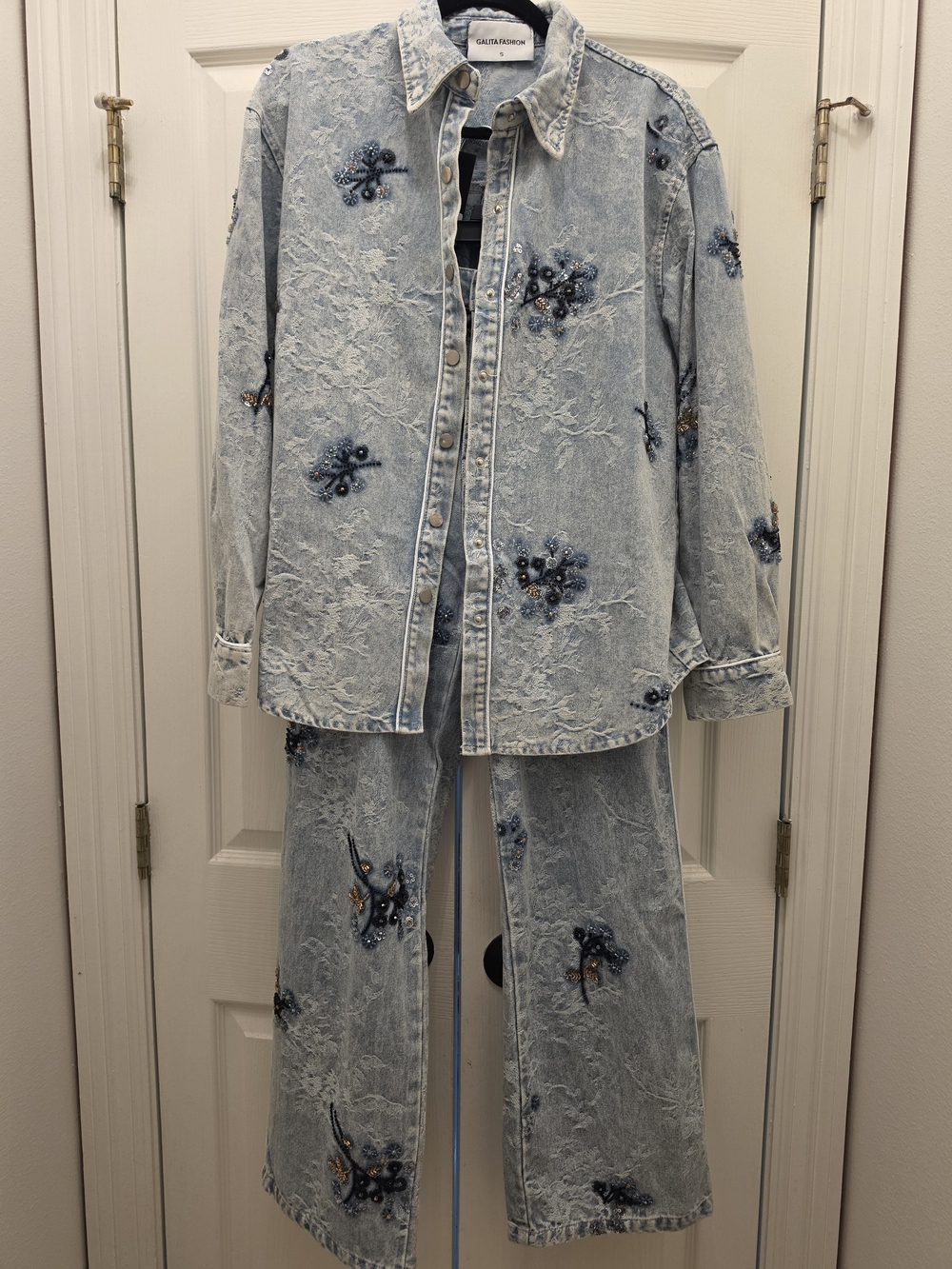 Light Blue Floral Embroidered-Lace detail Denim Shaket And Pant Set - Women-SM - Picture 6 of 16